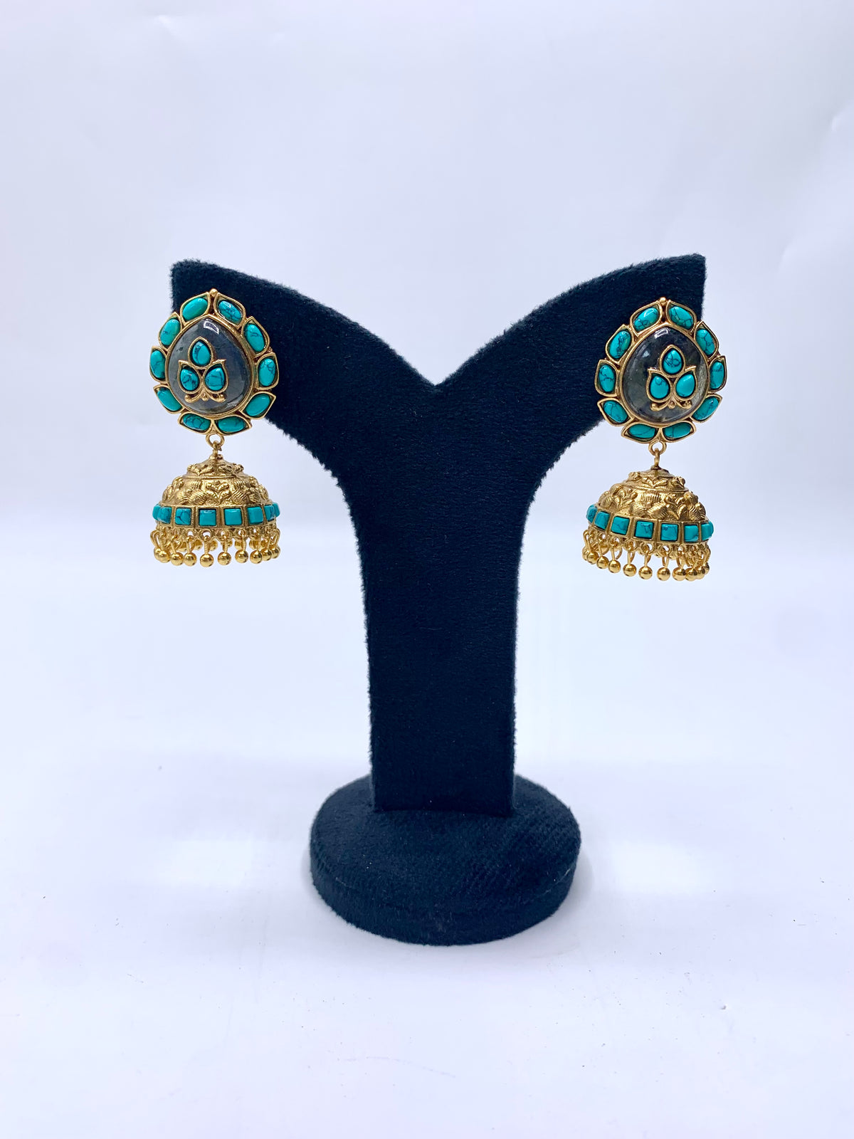 Mehar Feroza Jhumka with semi-precious Feroza and natural gemstones in 22kt Gold plating