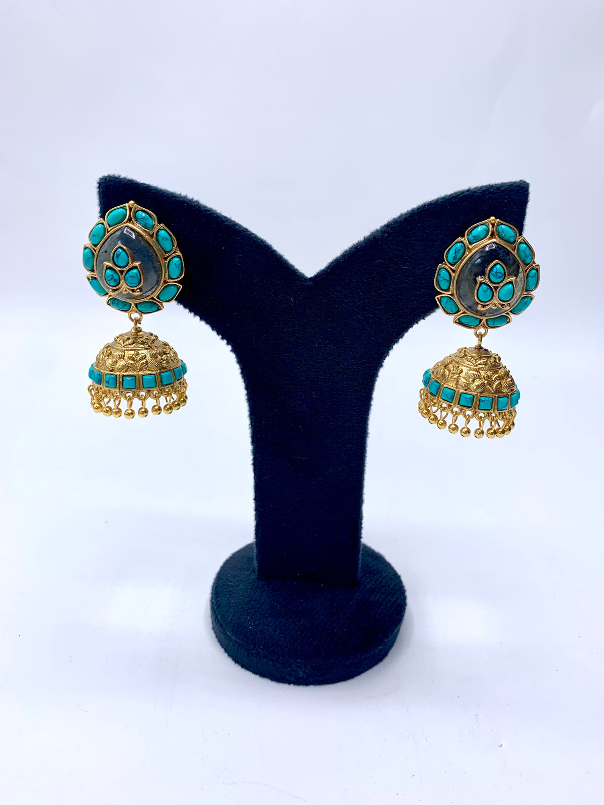 Mehar Feroza Jhumka with semi-precious Feroza and natural gemstones in 22kt Gold plating