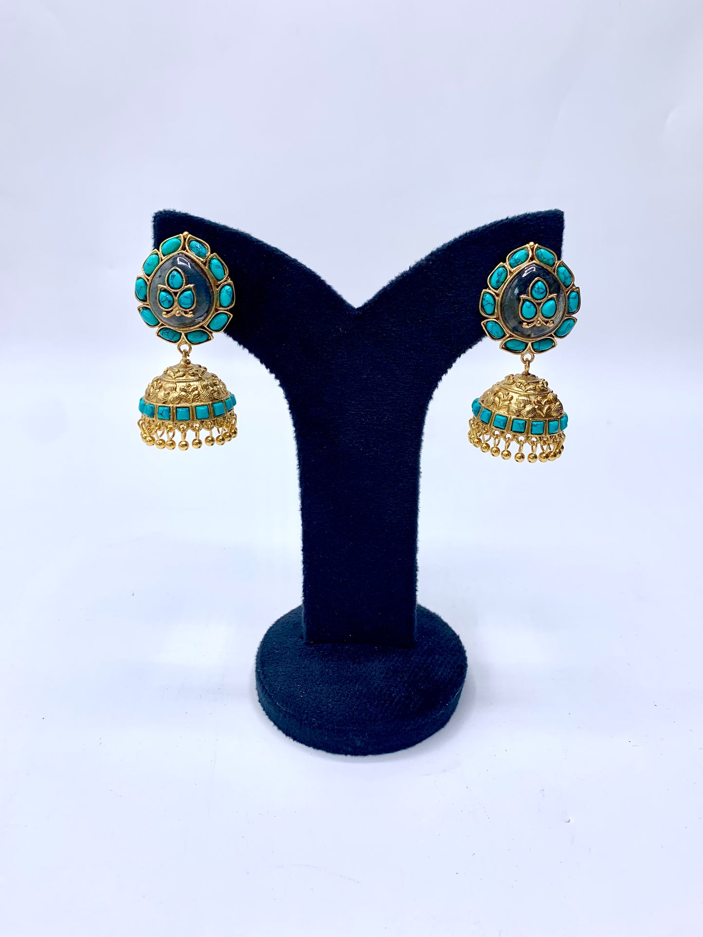 Mehar Feroza Jhumka with semi-precious Feroza and natural gemstones in 22kt Gold plating