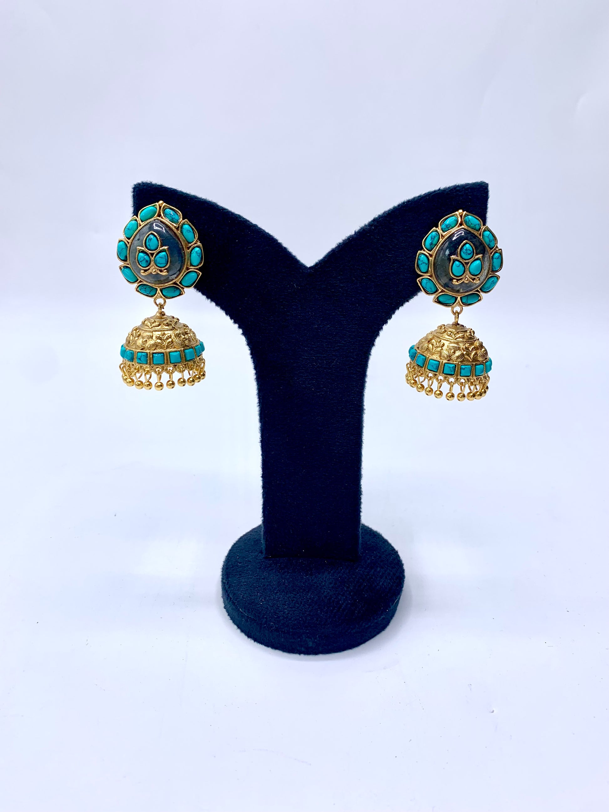 Mehar Feroza Jhumka with semi-precious Feroza and natural gemstones in 22kt Gold plating