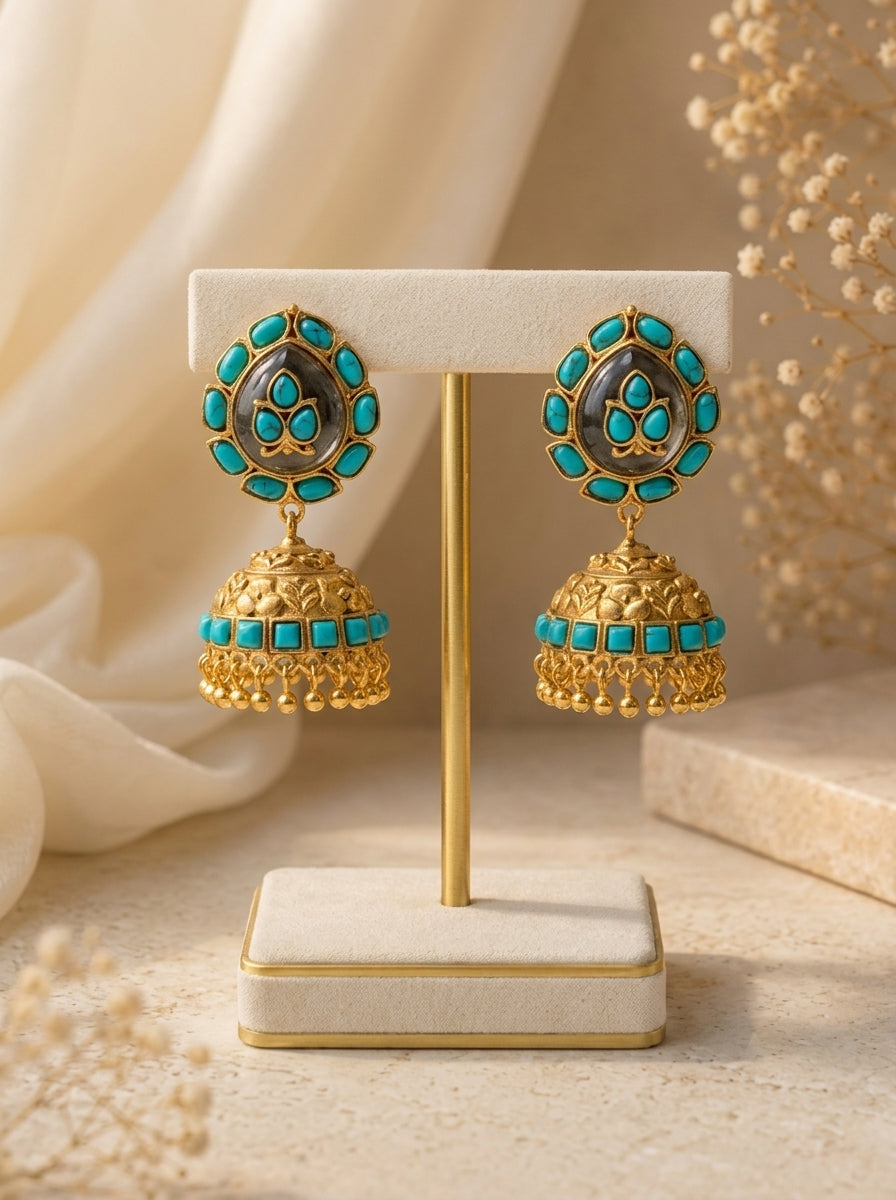 Mehar Feroza Jhumka with semi-precious Feroza and natural gemstones in 22kt Gold plating