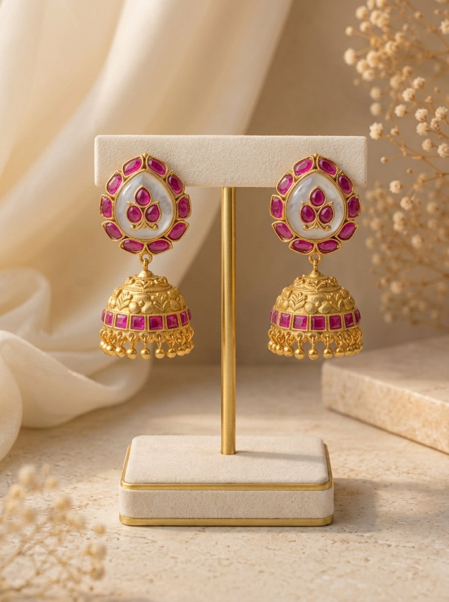 Mehar Pink handcrafted 22kt Gold plated Jhumka earrings featuring semi-precious Ruby and natural gemstones