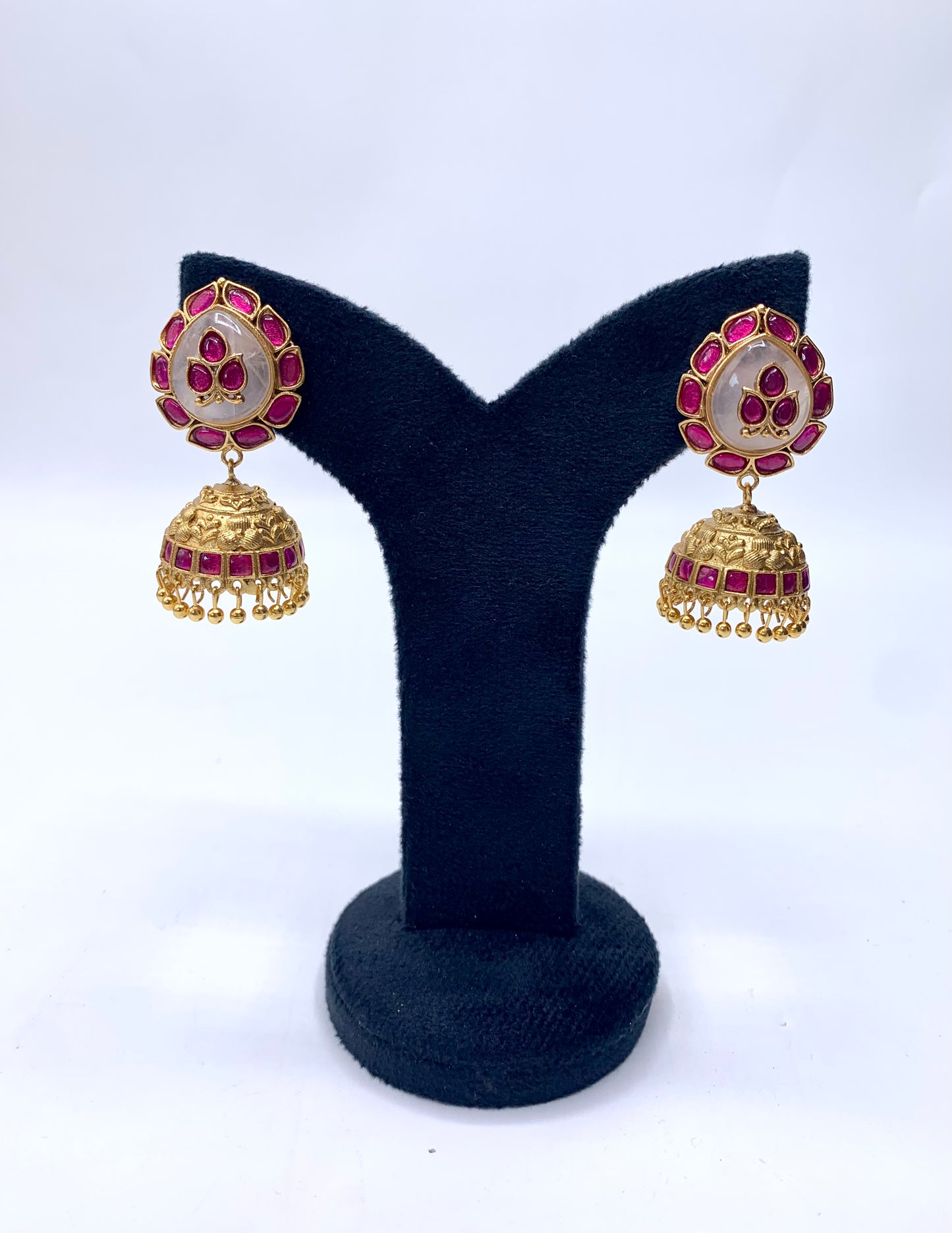 Mehar Pink handcrafted 22kt Gold plated Jhumka earrings featuring semi-precious Ruby and natural gemstones