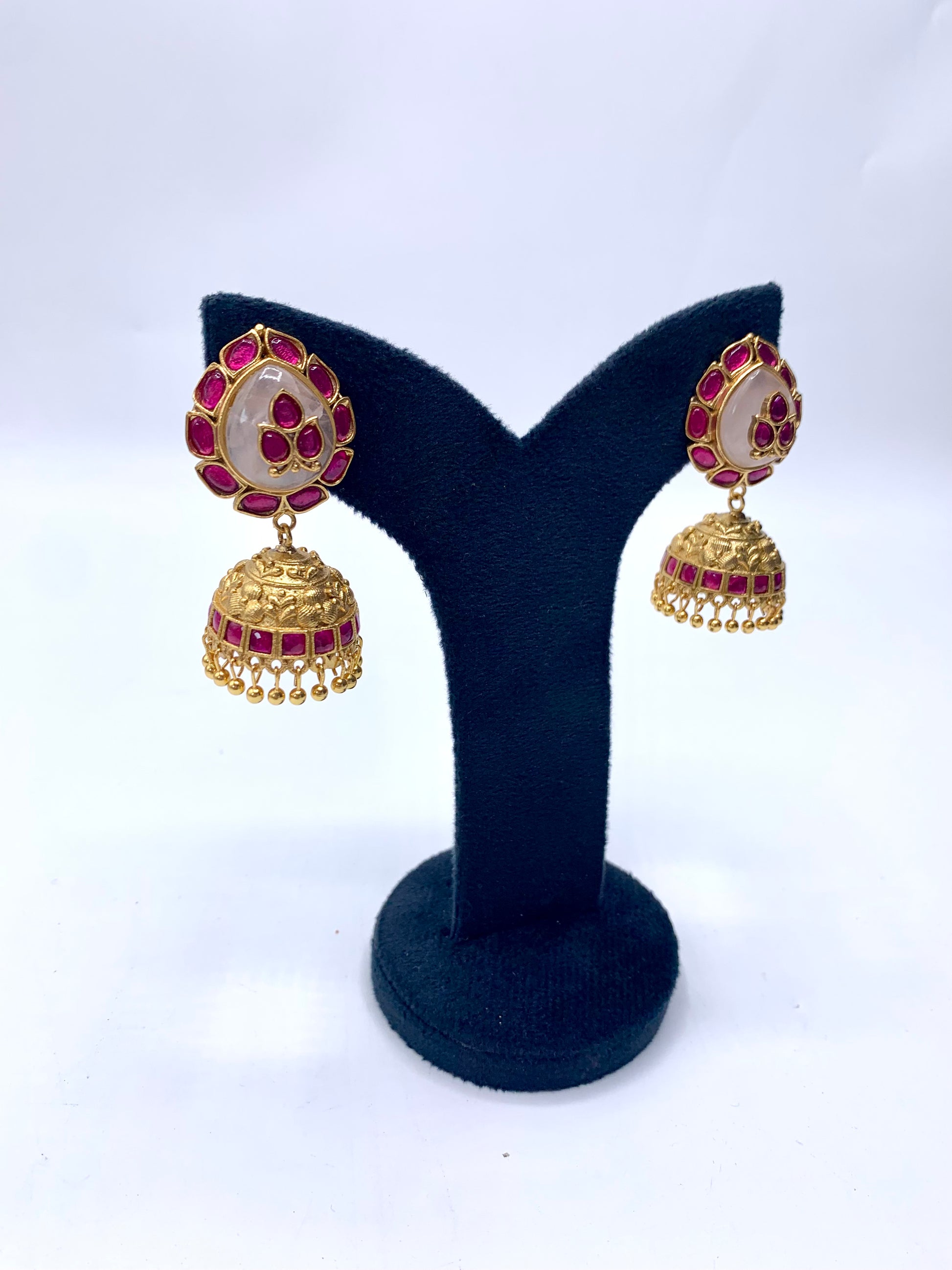 Mehar Pink handcrafted 22kt Gold plated Jhumka earrings featuring semi-precious Ruby and natural gemstones