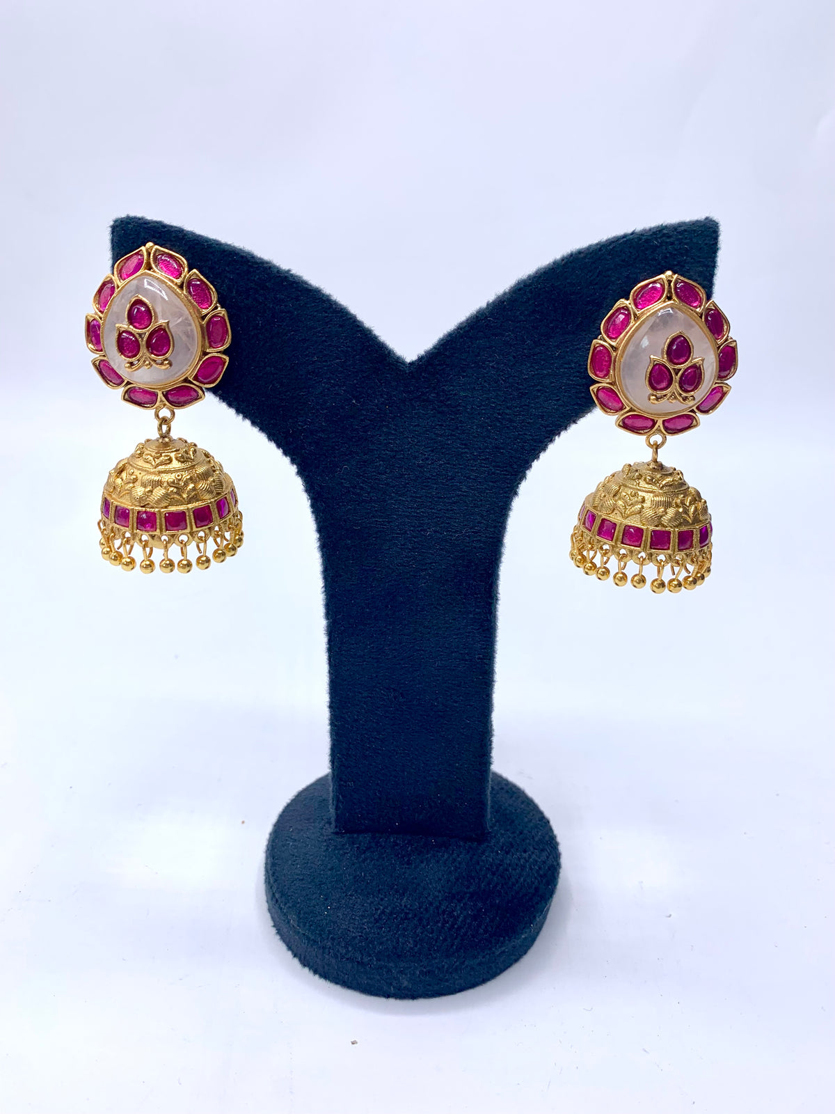 Mehar Pink handcrafted 22kt Gold plated Jhumka earrings featuring semi-precious Ruby and natural gemstones