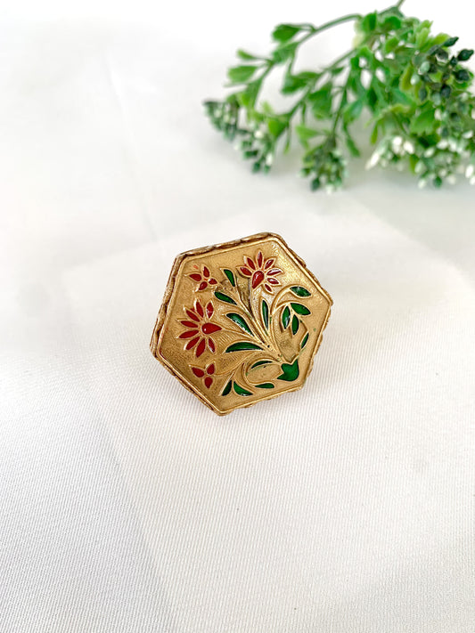 Hand-painted Meena ring in 22kt gold by Zamal Jewels