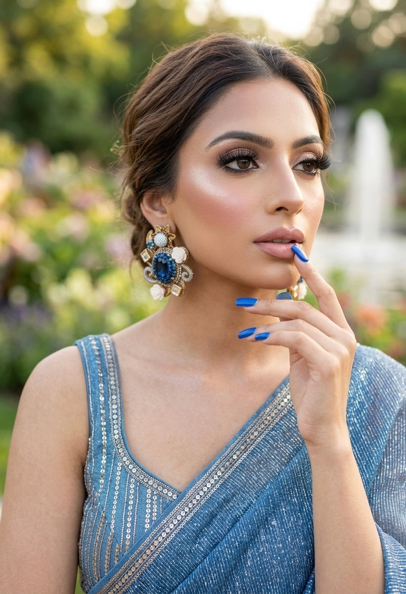Menaal kundan floral earrings in gold plating with sapphire crystals and acrylic flowers