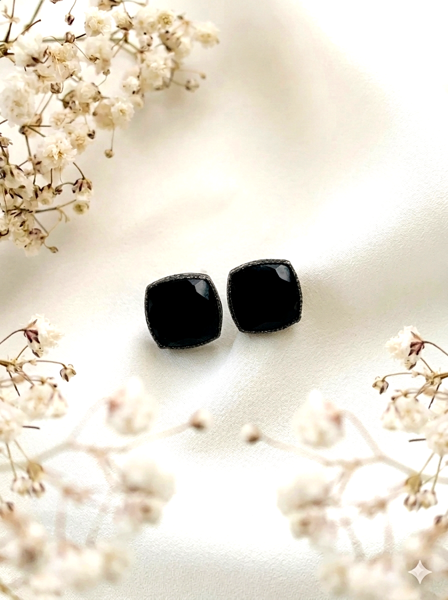 Mina handcrafted oxidized rhodium plated studs featuring semi-precious natural gemstones in six colour variants