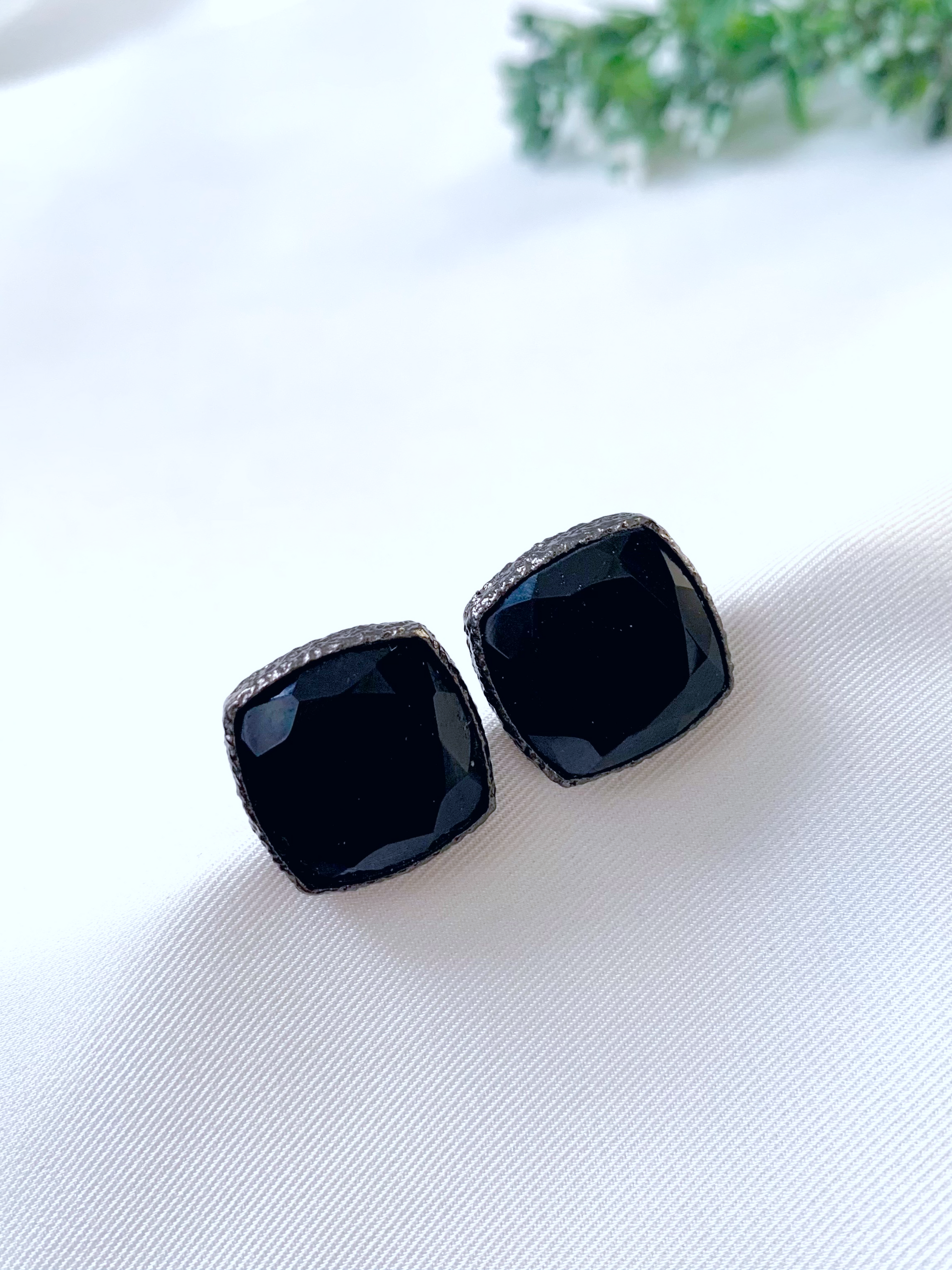 Mina handcrafted oxidized rhodium plated studs featuring semi-precious natural gemstones in six colour variants