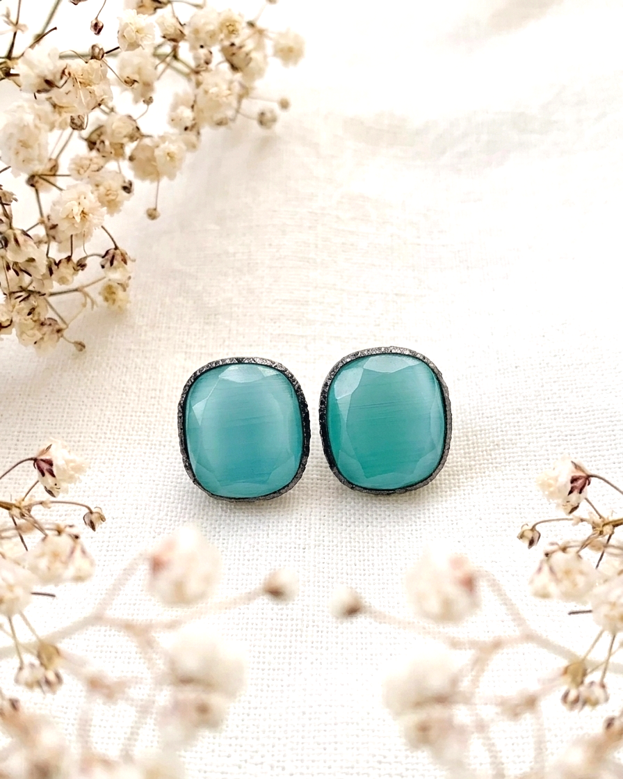 Mina handcrafted oxidized rhodium plated studs featuring semi-precious natural gemstones in six colour variants
