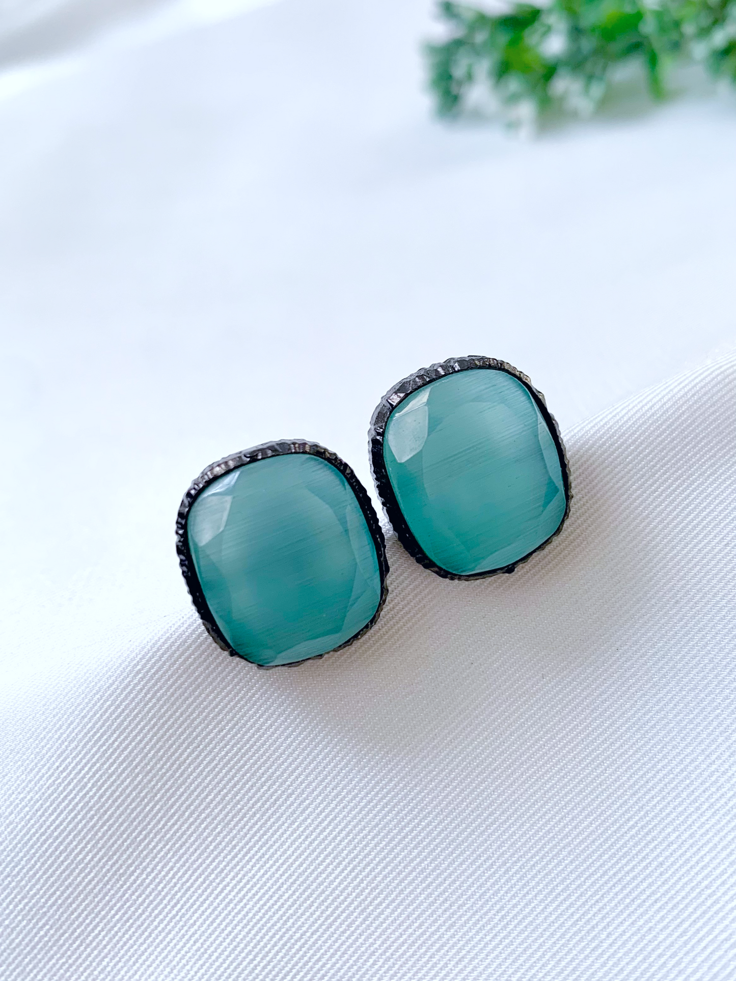 Mina handcrafted oxidized rhodium plated studs featuring semi-precious natural gemstones in six colour variants