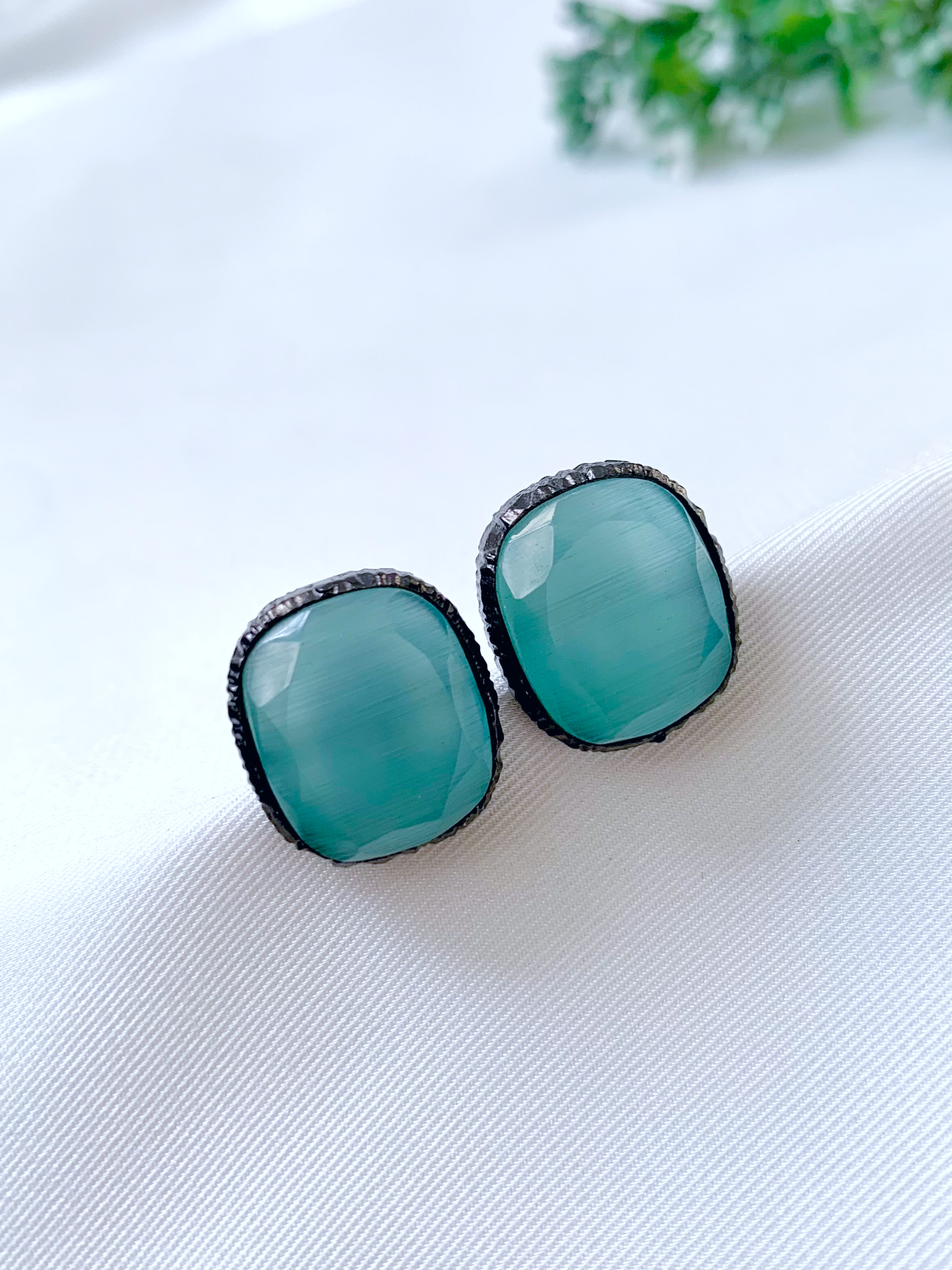 Mina handcrafted oxidized rhodium plated studs featuring semi-precious natural gemstones in six colour variants