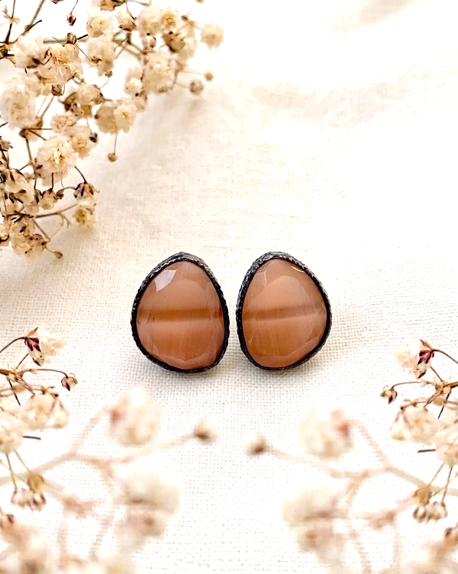 Mina handcrafted oxidized rhodium plated studs featuring semi-precious natural gemstones in six colour variants