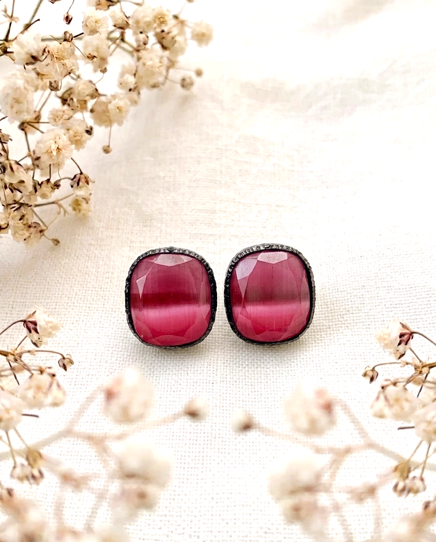 Mina handcrafted oxidized rhodium plated studs featuring semi-precious natural gemstones in six colour variants