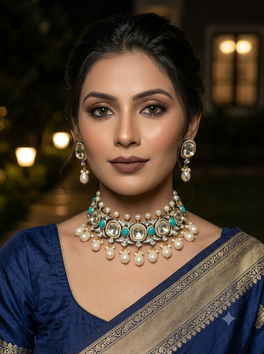 Woman wearing a blue saree with a pearl and turquoise necklace in a dimly lit setting