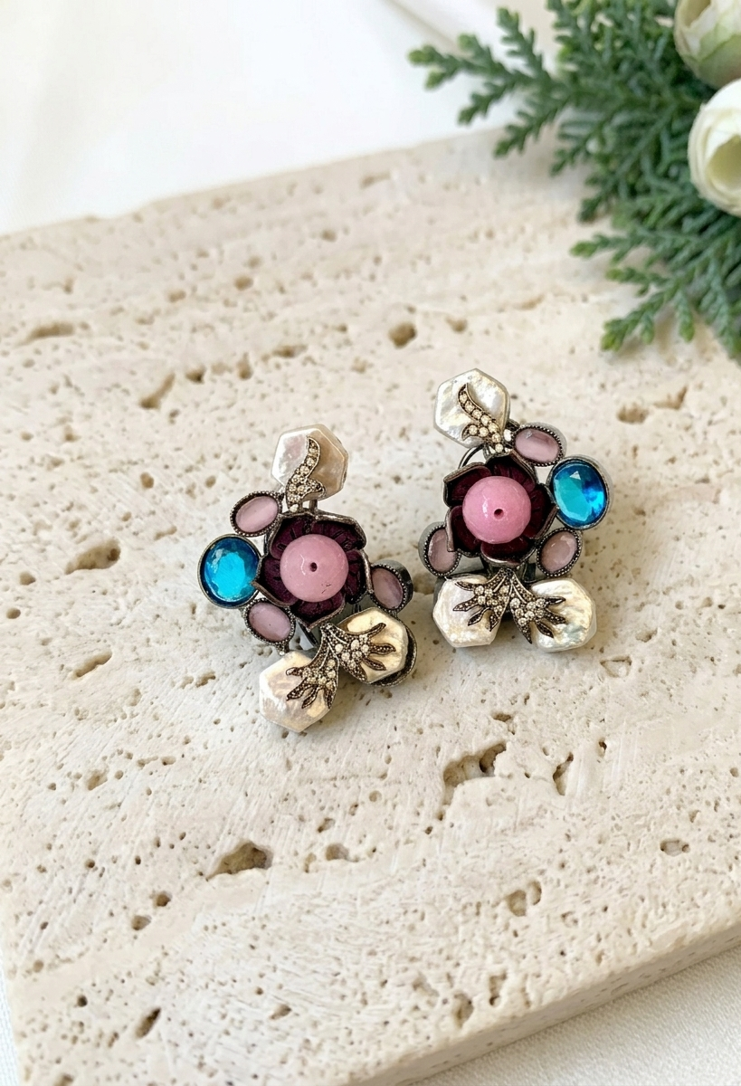 Mirana baroque pearl earrings in rhodium oxidized finish with onyx and american diamonds