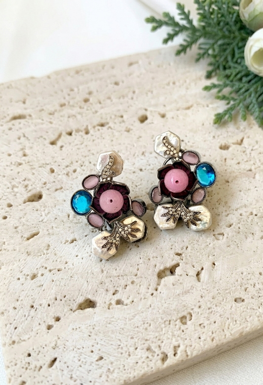 Mirana baroque pearl earrings in rhodium oxidized finish with onyx and american diamonds