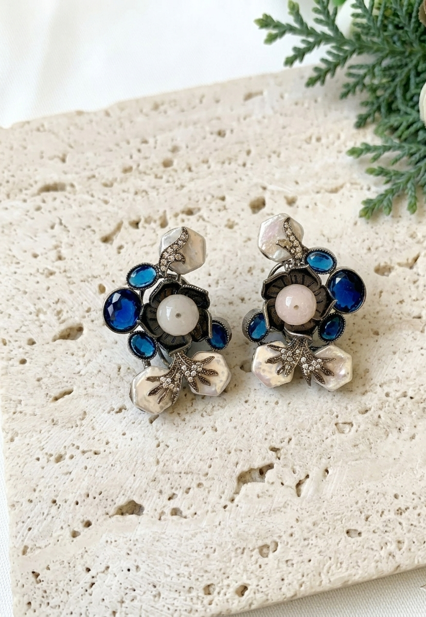 Mirana baroque pearl earrings in rhodium oxidized finish with sapphire and american diamonds