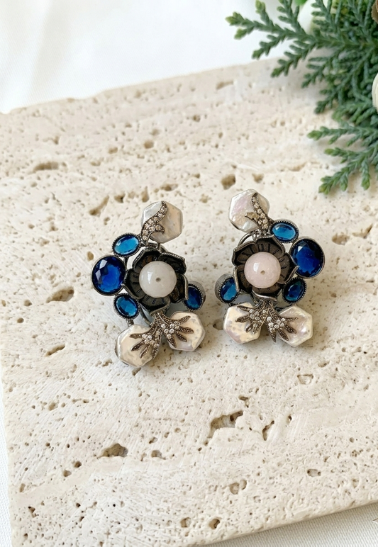 Mirana baroque pearl earrings in rhodium oxidized finish with sapphire and american diamonds