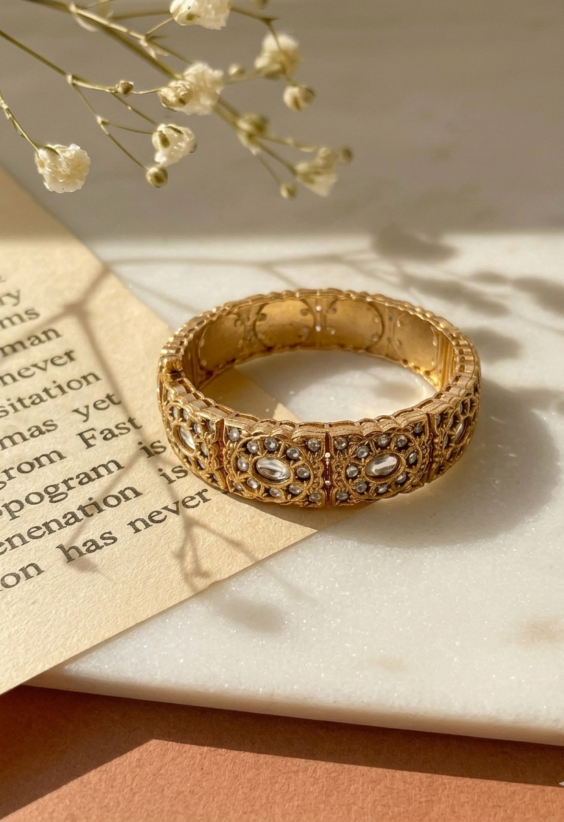 Mishal moissanite kundan bangle in victorian gold plating with openable screw design
