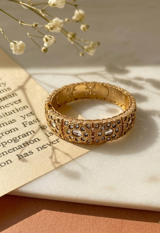 Mishal moissanite kundan bangle in victorian gold plating with openable screw design