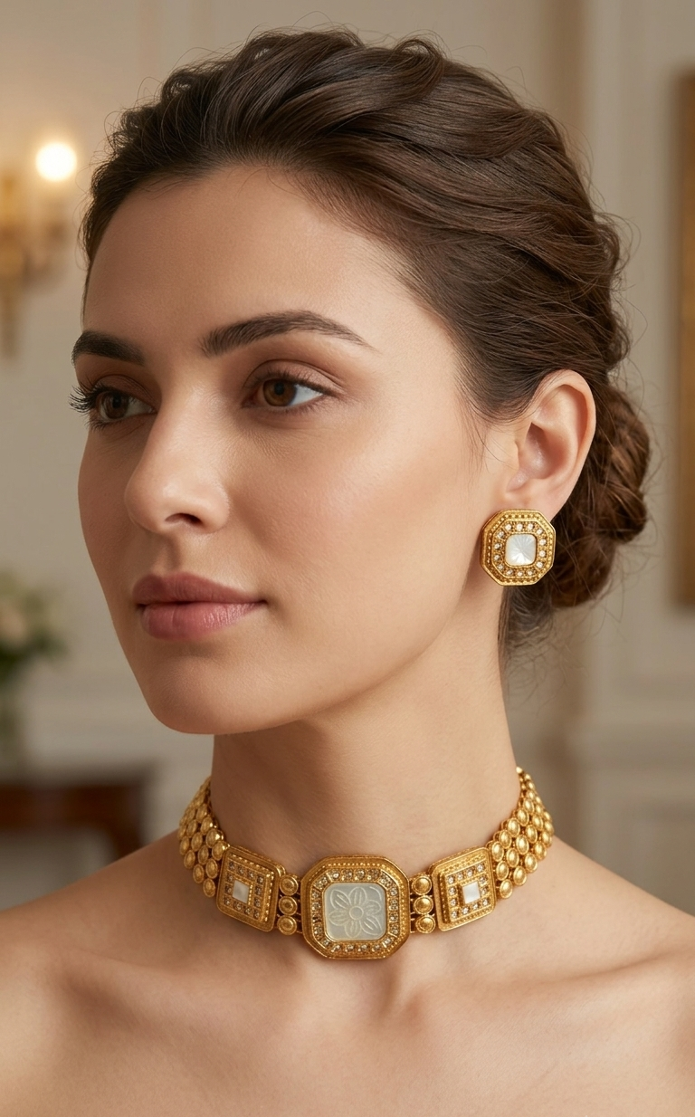 Molly handcrafted 22kt gold plated choker set with Polki Kundan and hand-carved semi-precious Mother of Pearl