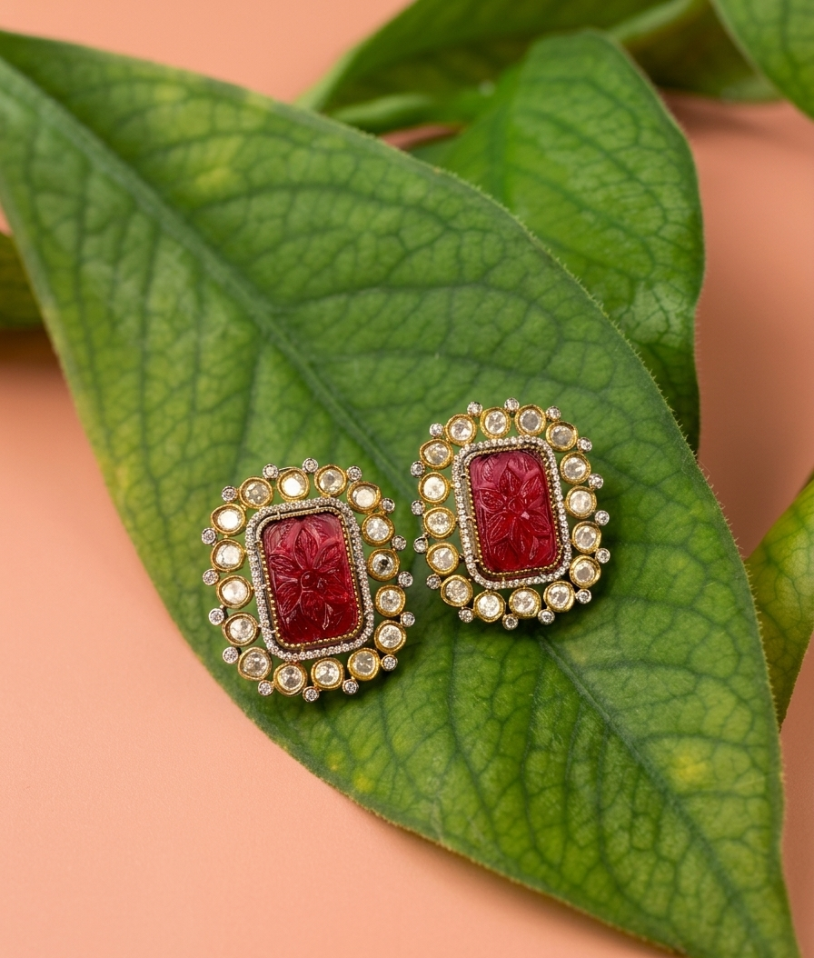 Morpha handcrafted oversized Victorian gold plated studs with American diamonds, Polki Kundan and hand-carved semi-precious ruby stones