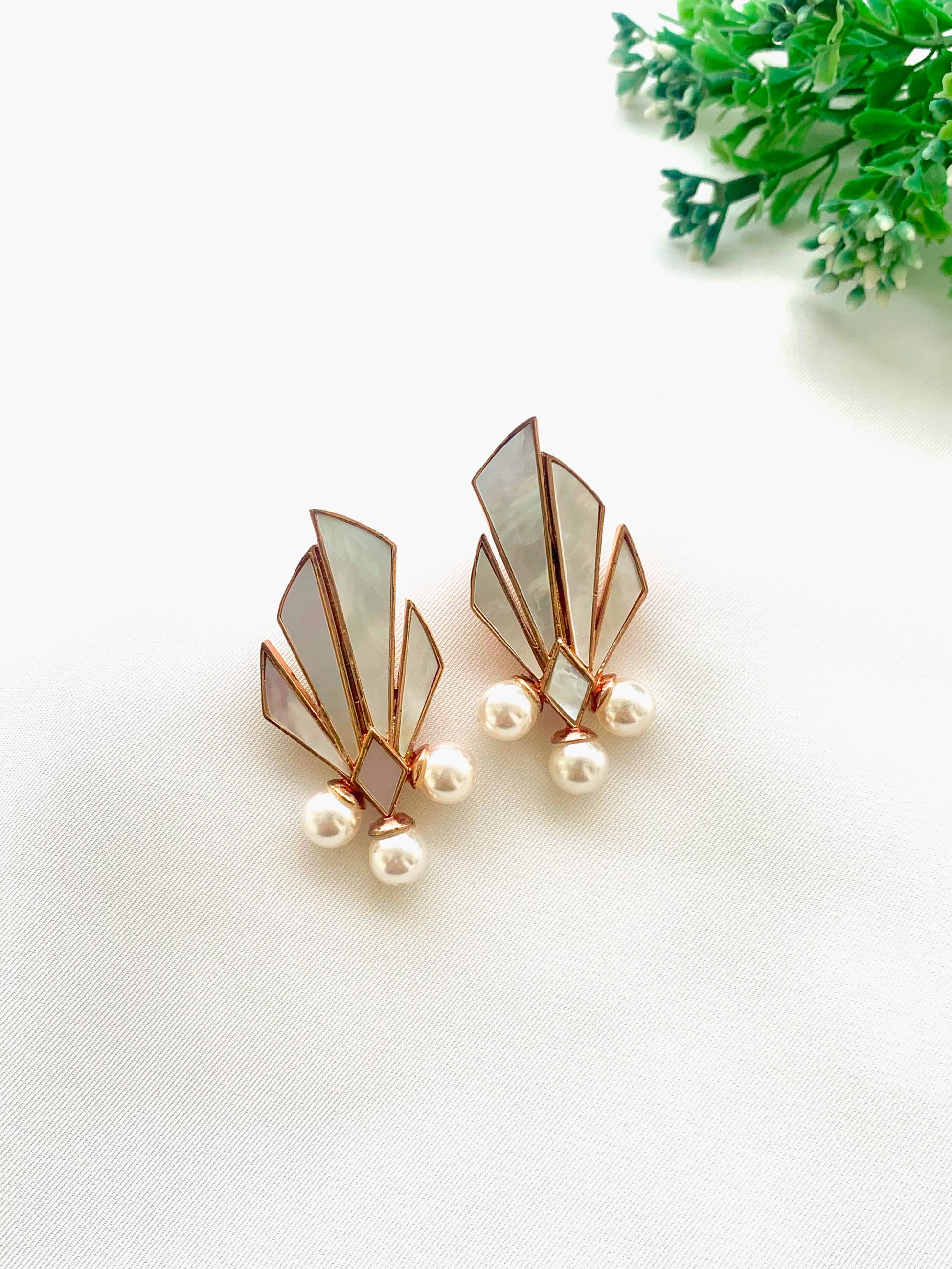 Naala handcrafted 22kt rose gold plated earrings featuring real Mother of Pearl and semi-precious Pearls