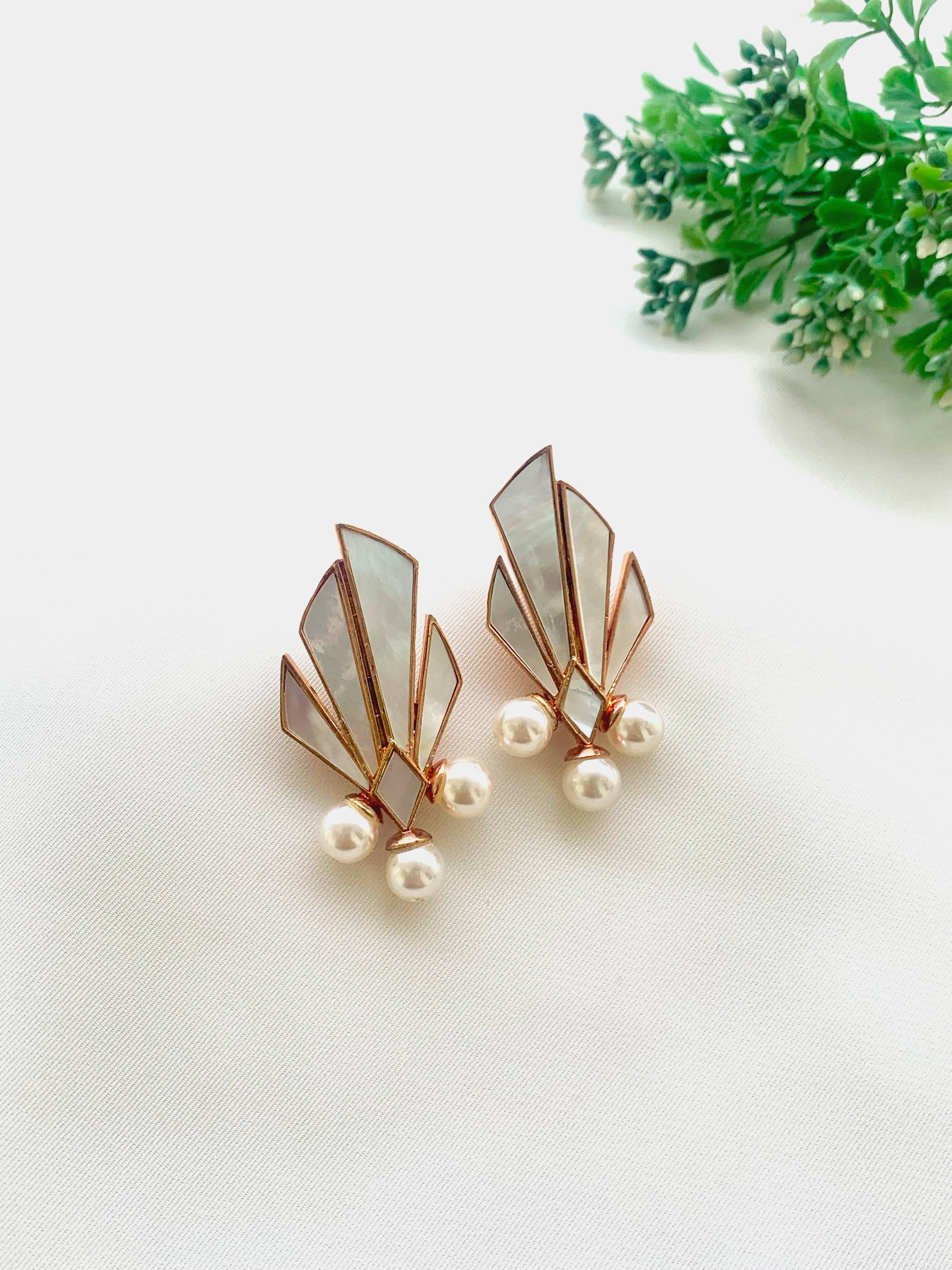 Naala handcrafted 22kt rose gold plated earrings featuring real Mother of Pearl and semi-precious Pearls
