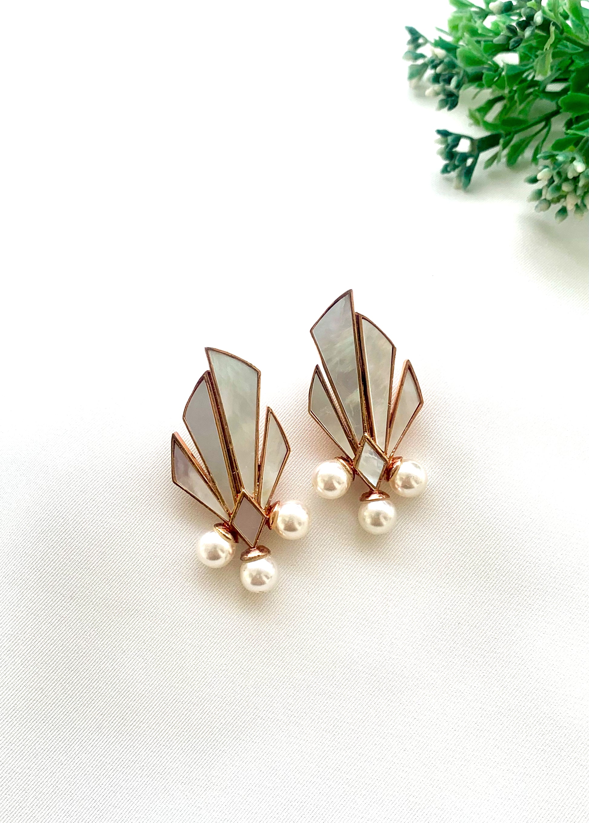 Naala handcrafted 22kt rose gold plated earrings featuring real Mother of Pearl and semi-precious Pearls