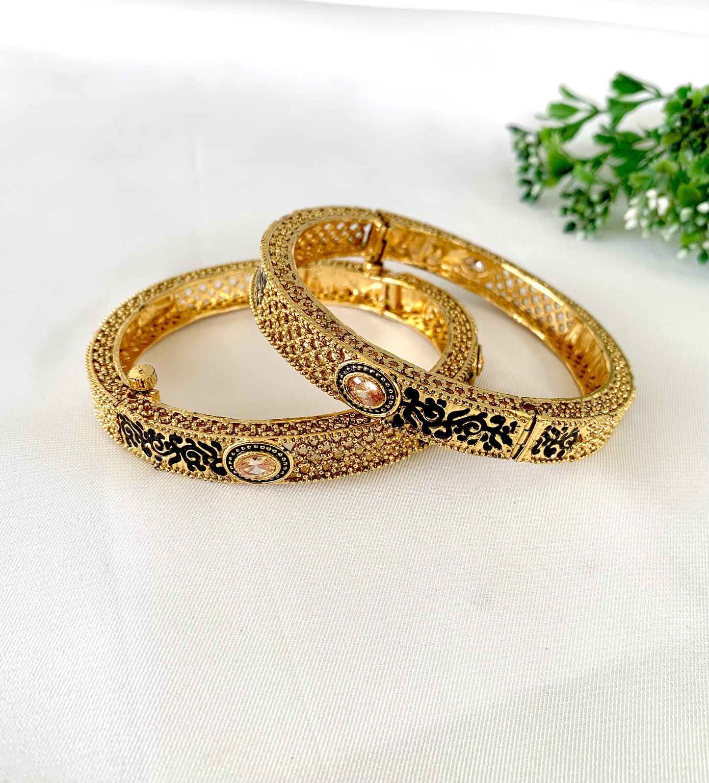 22kt Gold Plated Openable Bangle Pair with Meena and Champagne Stone – Zamal Jewels