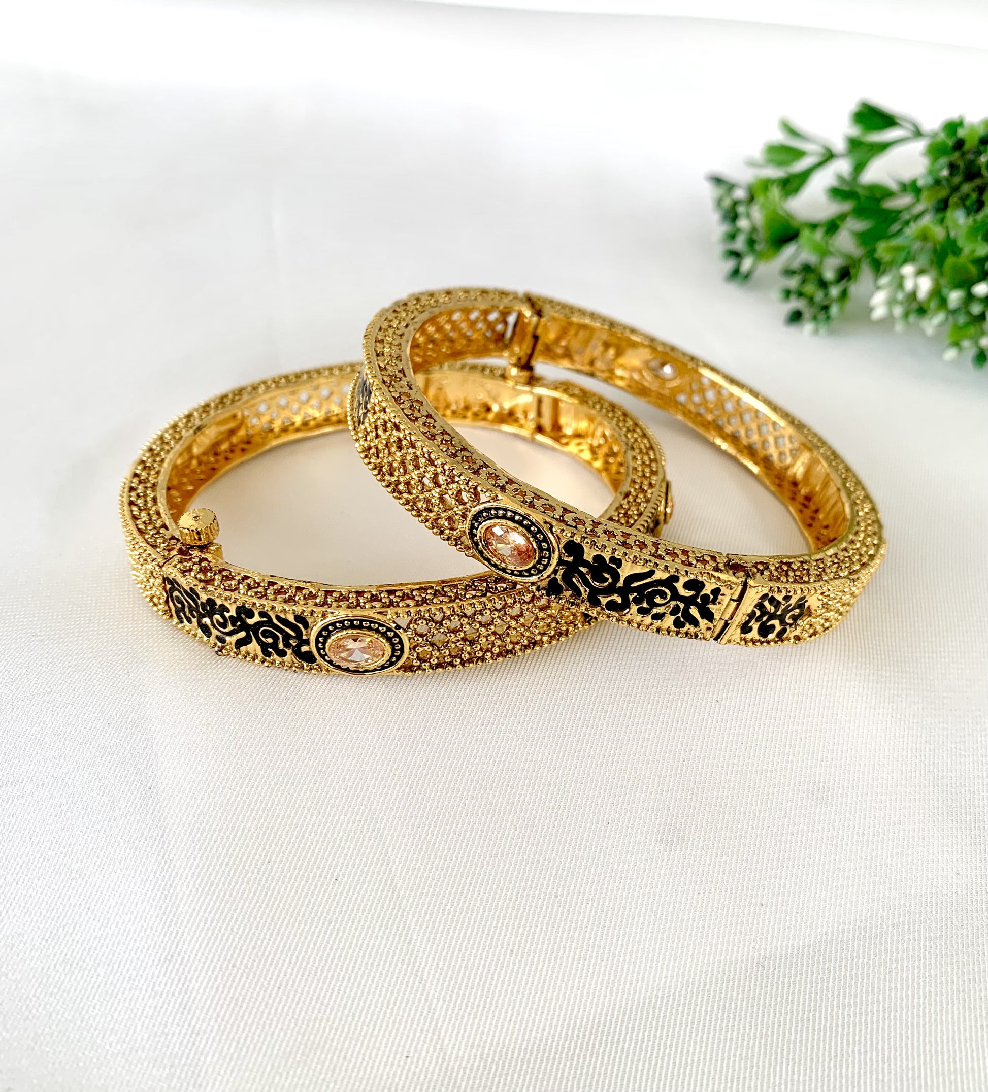 22kt Gold Plated Openable Bangle Pair with Meena and Champagne Stone – Zamal Jewels
