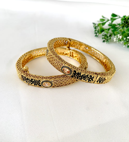 22kt Gold Plated Openable Bangle Pair with Meena and Champagne Stone – Zamal Jewels