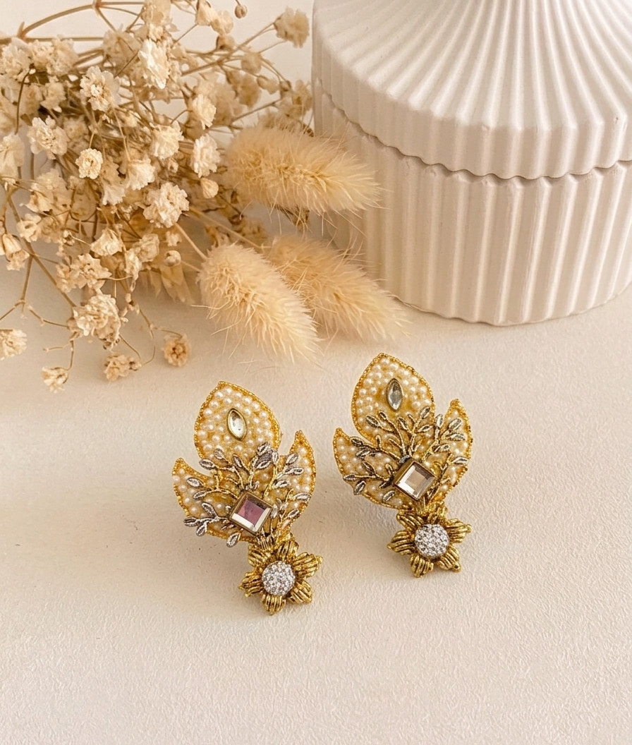 A pair of ornate gold-toned statement earrings with pearl-like bead details, clear rhinestones, and a central pink gemstone, styled on a cream surface with dried flowers and a ribbed cream box in the background.