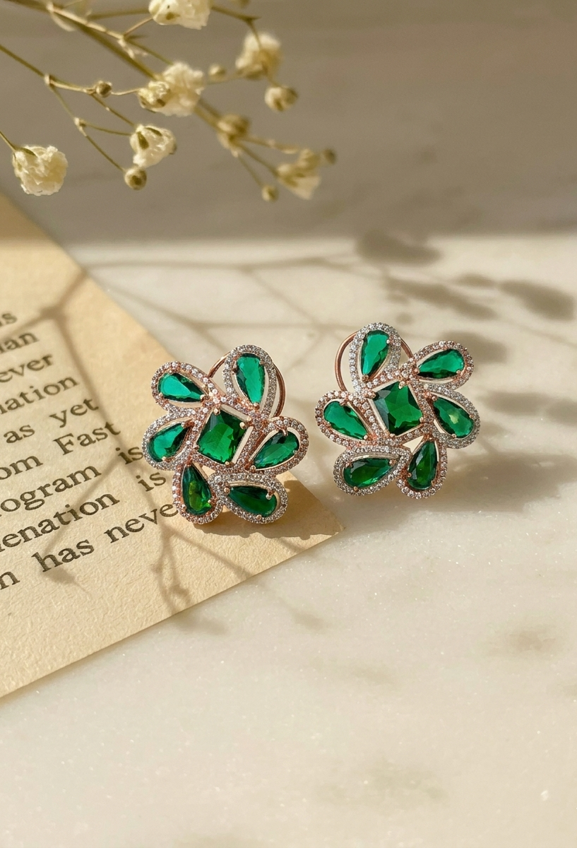 Naino rose gold plated studs with American diamonds and emerald accents