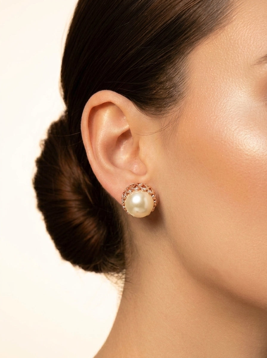 Naniya handcrafted 22kt Rose Gold plated studs with American Diamonds and semi-precious Pearls