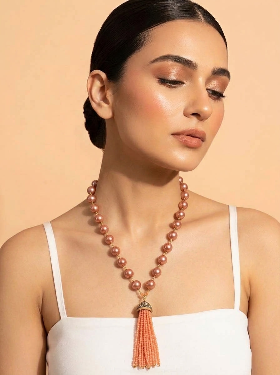 Natasha handcrafted 22kt Gold plated Maala with Shell Pearls, Onyx and Marcasite