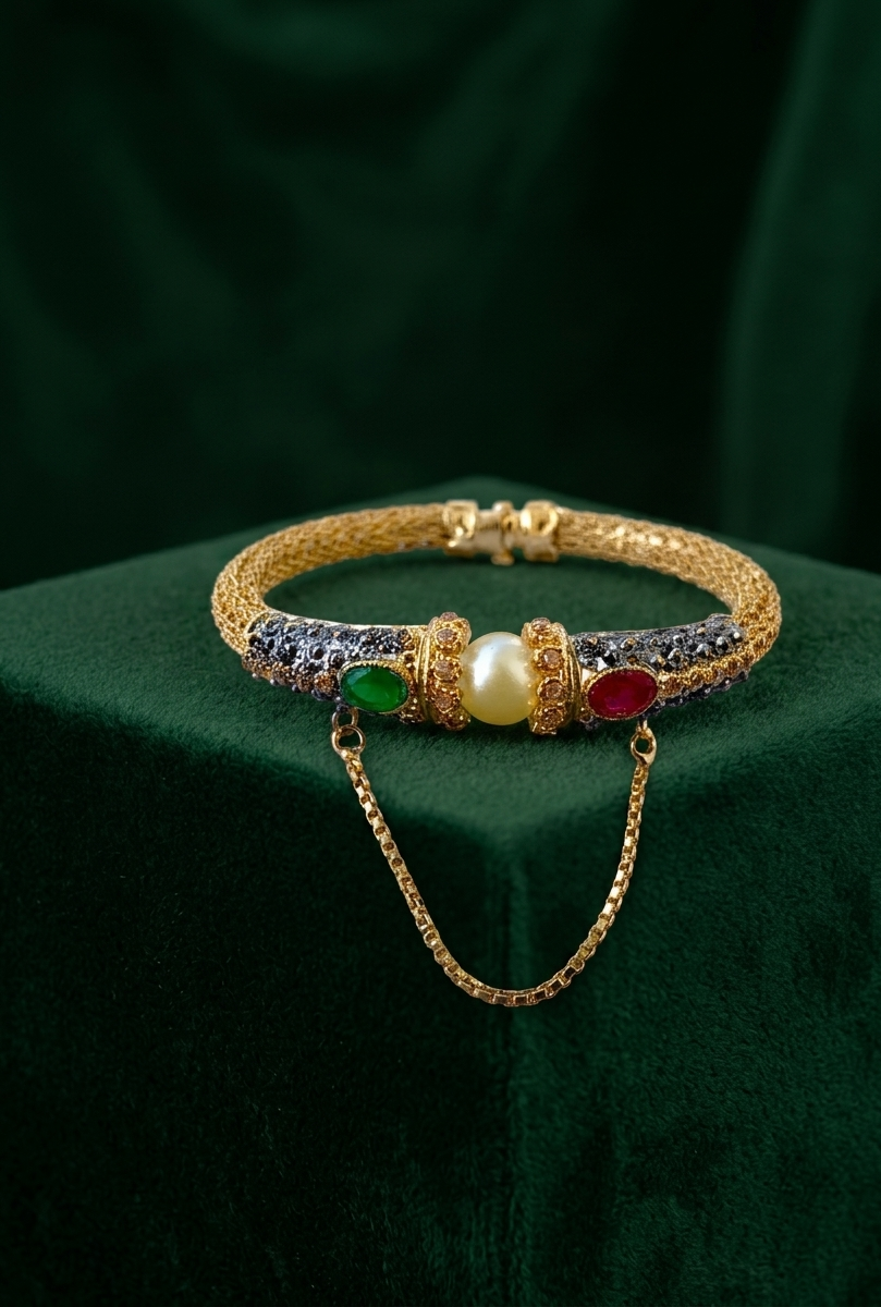 Natasha gold plated openable chain bangle with American diamonds ruby and emerald stones