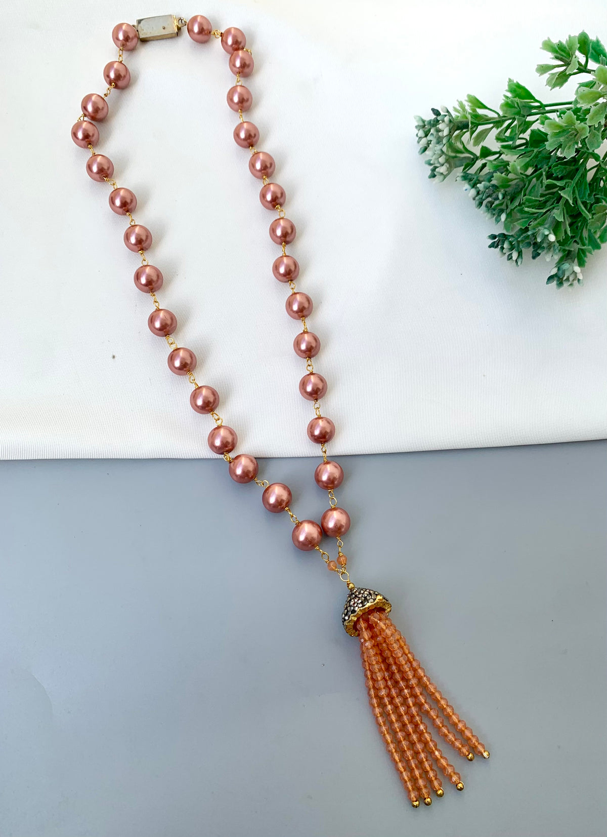 Natasha handcrafted 22kt Gold plated Maala with Shell Pearls, Onyx and Marcasite