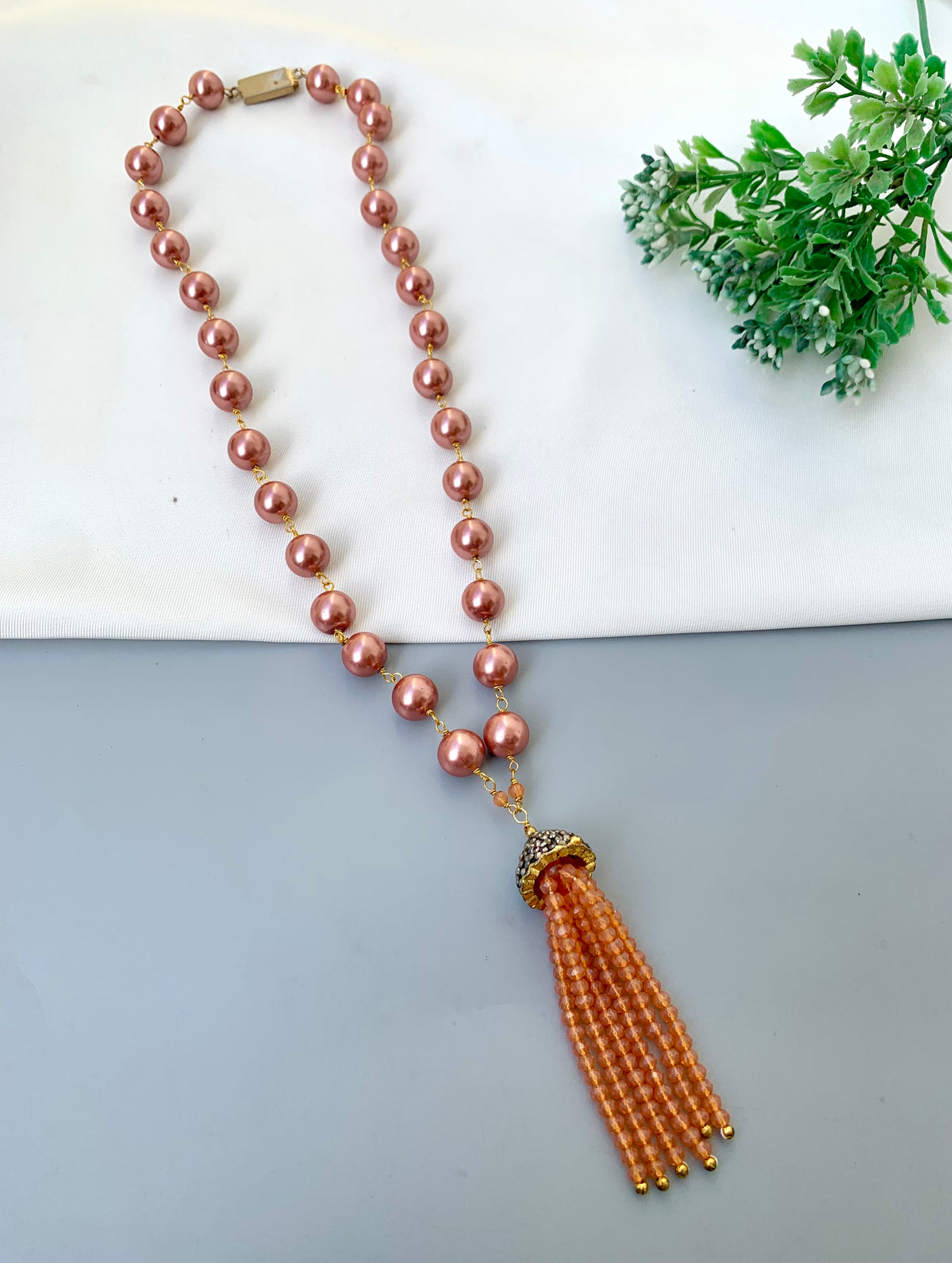 Natasha handcrafted 22kt Gold plated Maala with Shell Pearls, Onyx and Marcasite