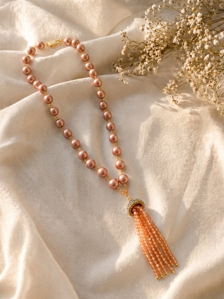 Natasha handcrafted 22kt Gold plated Maala with Shell Pearls, Onyx and Marcasite