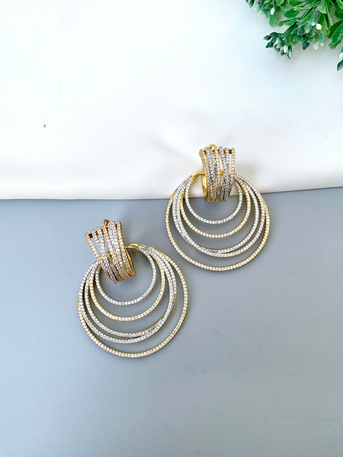 Naveen handcrafted 2-in-1 22kt Gold and Rhodium earrings with American Diamonds and detachable round hoop