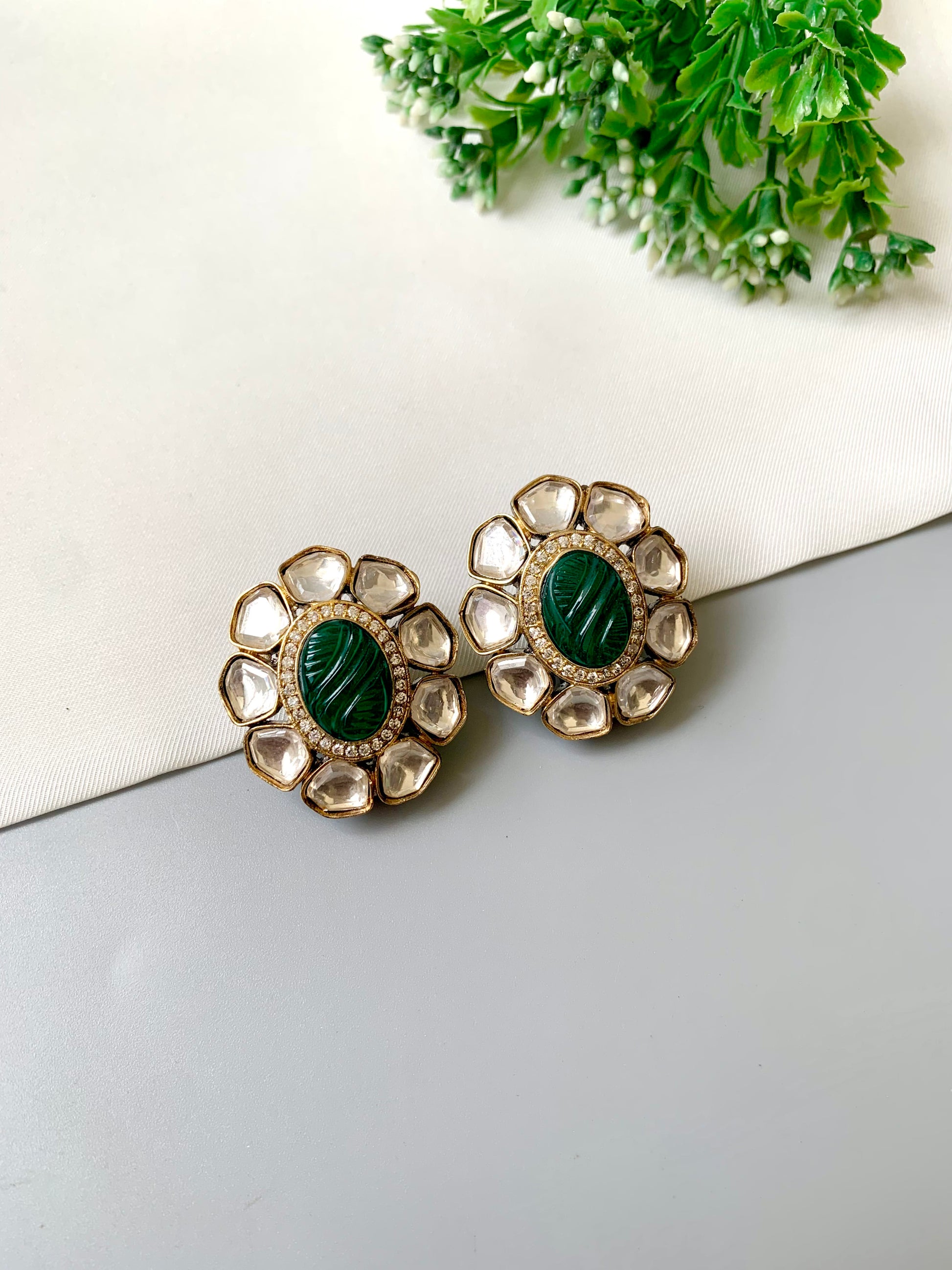Nayab Emerald Studs with hand-carved Emerald, Polki Kundan, and American Diamonds in 22kt Victorian gold plating by Zamal Jewels