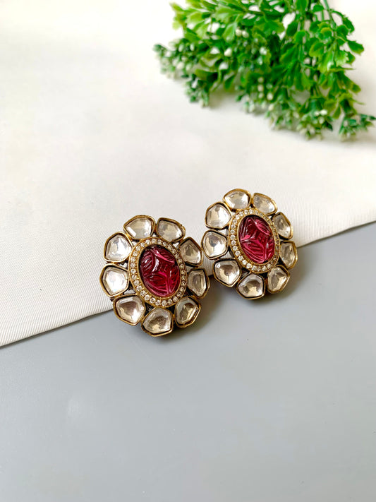 Nayab Studs with hand-carved Ruby, Polki Kundan and American Diamonds in 22kt Victorian Gold matte finish by Zamal Jewels.