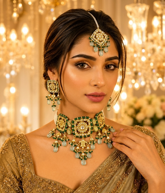 Nehaal handcrafted 22kt gold plated bridal choker set with Bikaneri Kundan, hand-painted Meena, semi-precious emerald, onyx, pearls, earrings and tikka