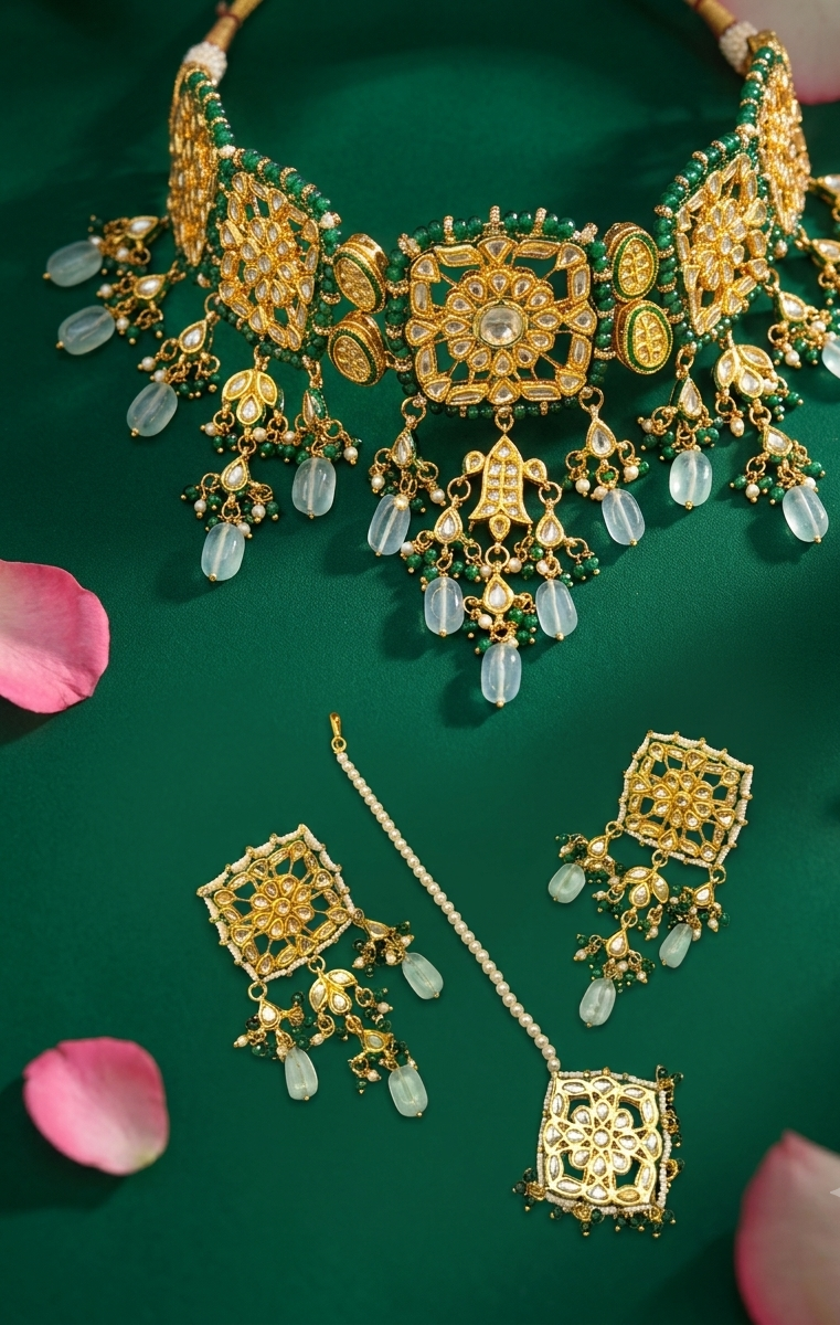 Nehaal handcrafted 22kt gold plated bridal choker set with Bikaneri Kundan, hand-painted Meena, semi-precious emerald, onyx, pearls, earrings and tikka