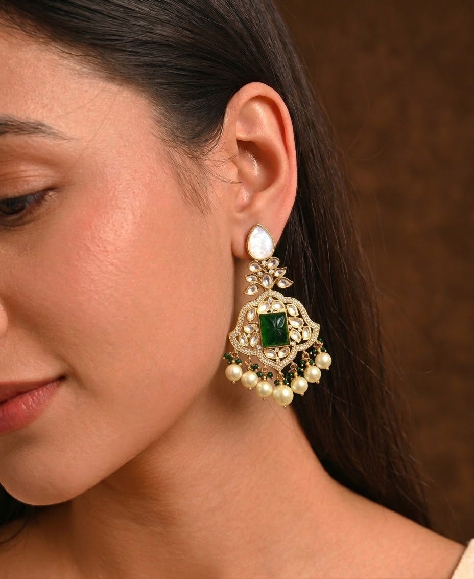Nena handcrafted 22kt Gold plated earrings with Mother of Pearl, Polki Kundan, hand-carved Emerald and Pearls