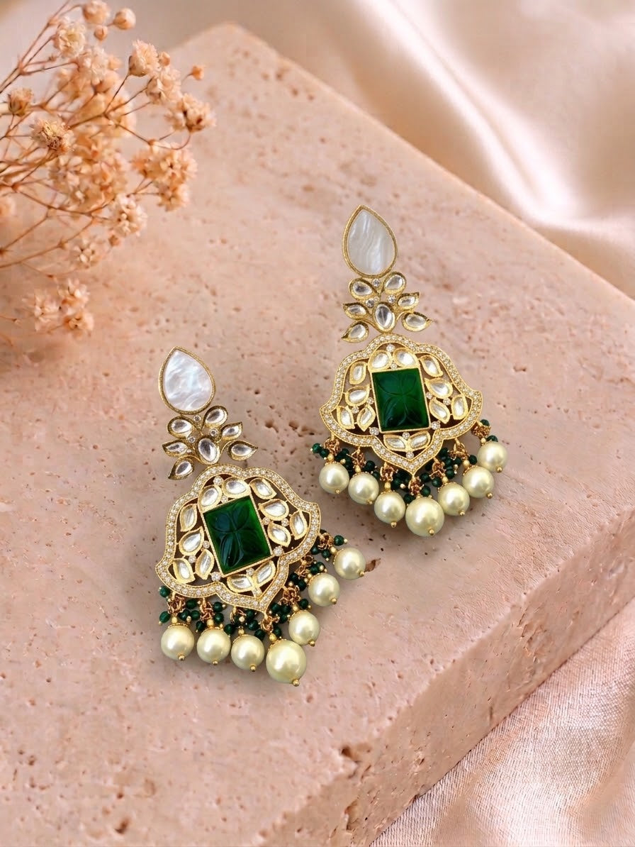 Nena handcrafted 22kt Gold plated earrings with Mother of Pearl, Polki Kundan, hand-carved Emerald and Pearls