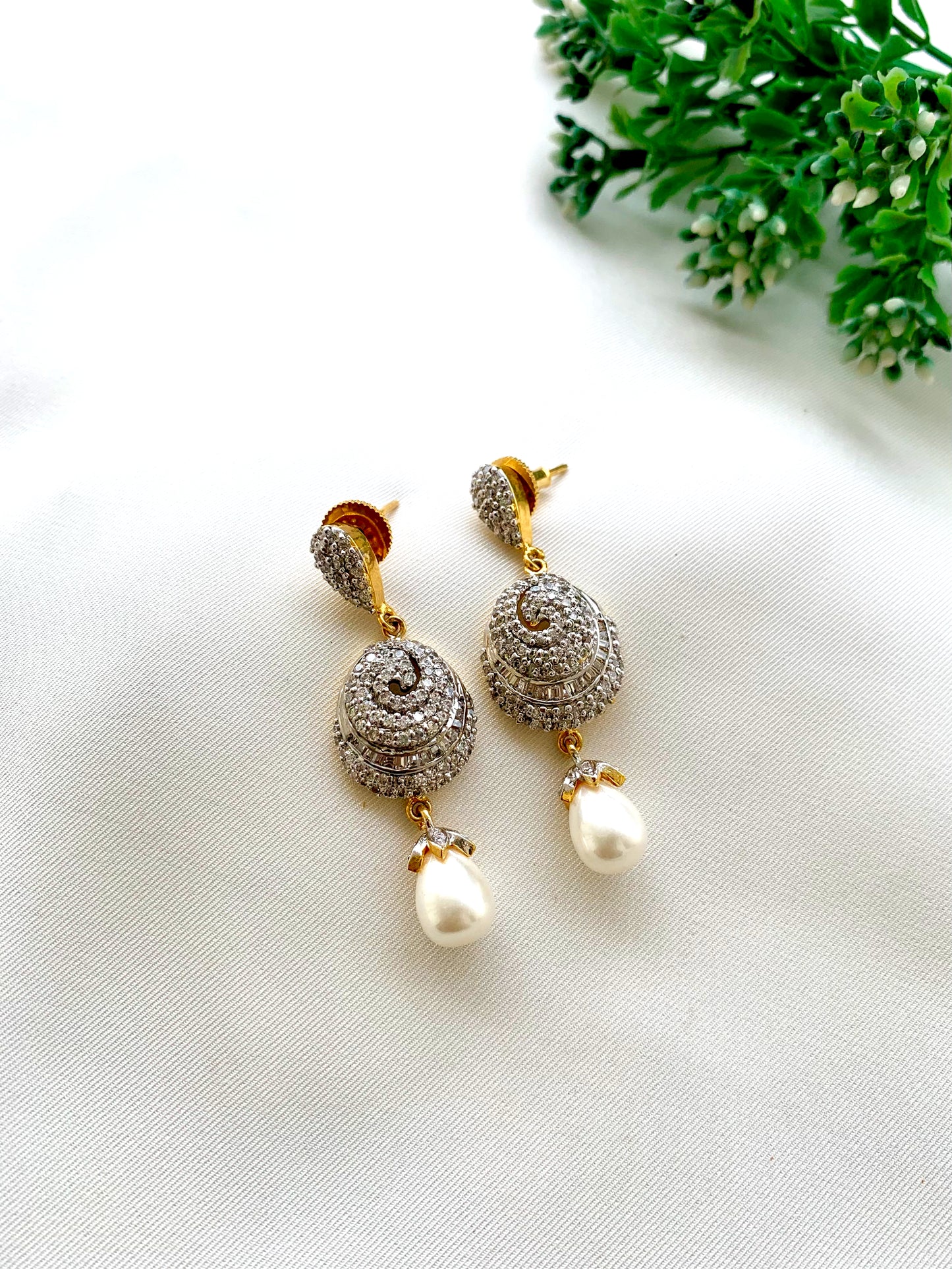Nikki handcrafted 22kt gold plated earrings featuring American Diamonds and semi-precious Pearls