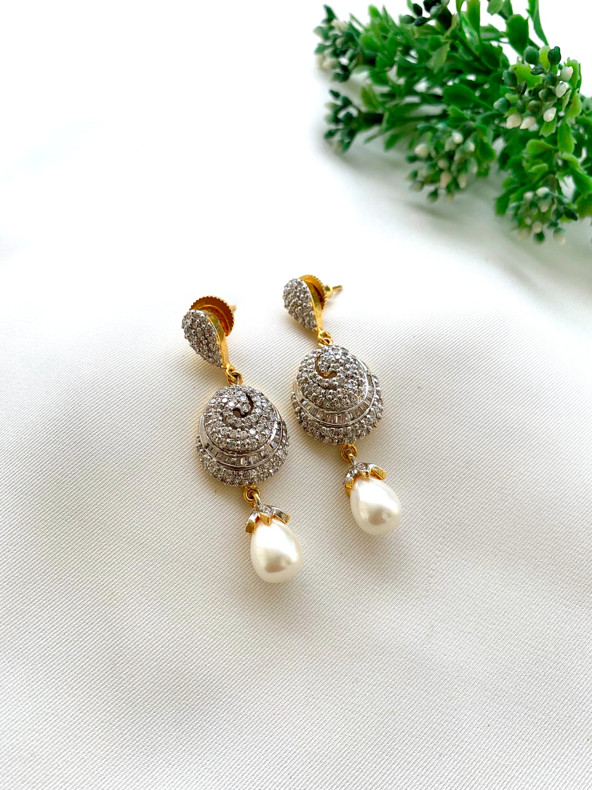 Nikki handcrafted 22kt gold plated earrings featuring American Diamonds and semi-precious Pearls